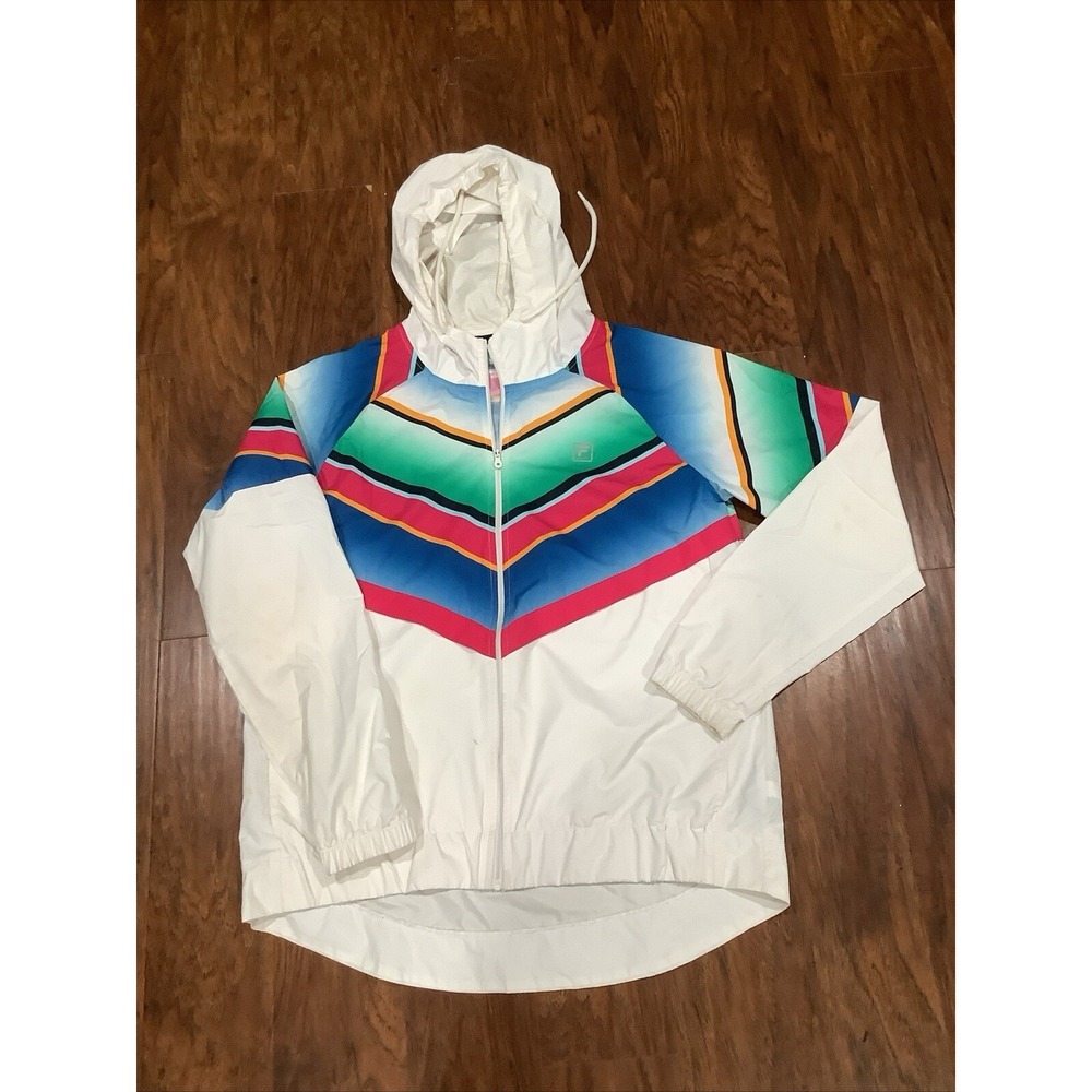 Vintage Y2K FILA White Colorful Striped Full Zip Hooded Windbreaker Jacket Large